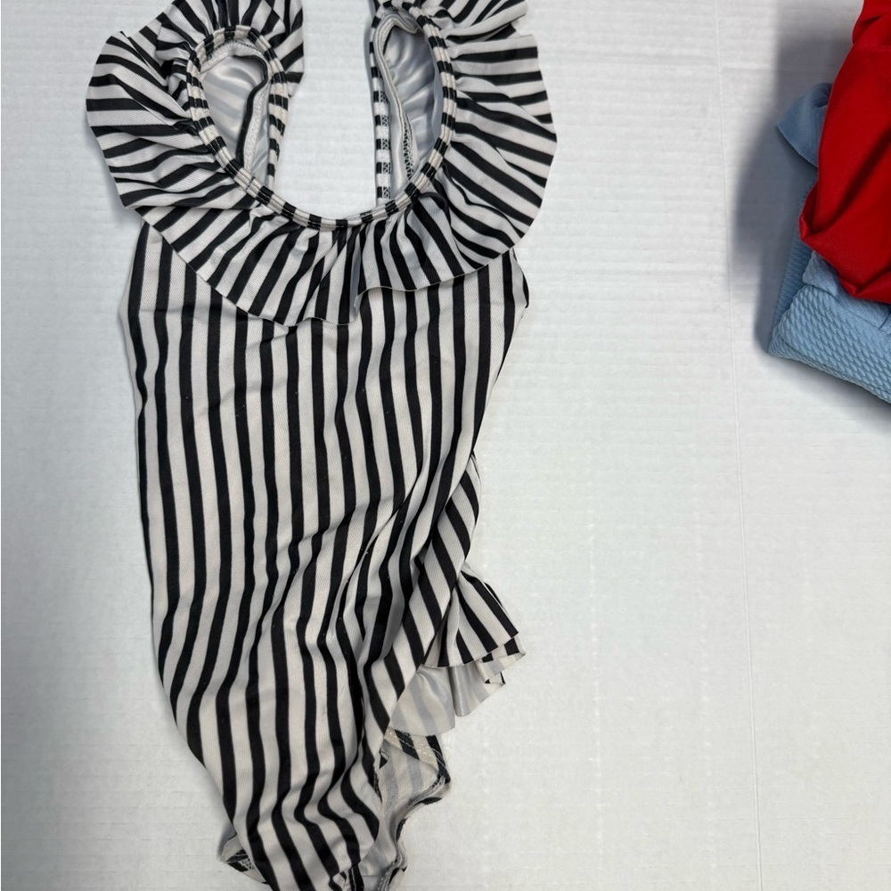 Baby Girl 12 m Black and White Striped, Red Ruffle & Blue Ribbon Swim One Piece - Picture 8 of 10